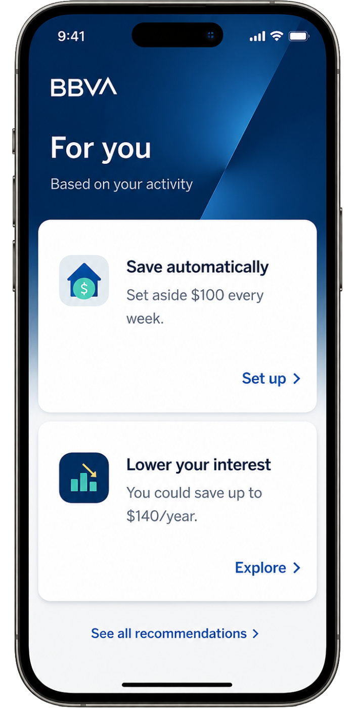 BBVA smart recommendations screen
