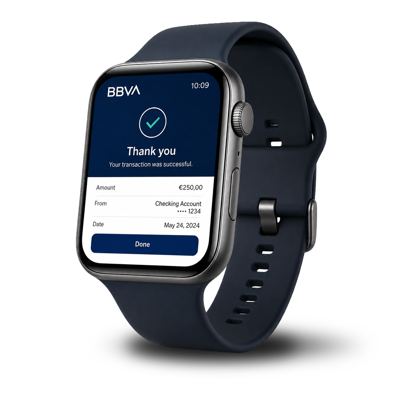 BBVA smartwatch confirming a successful transaction — Thank you, your transaction was successful.