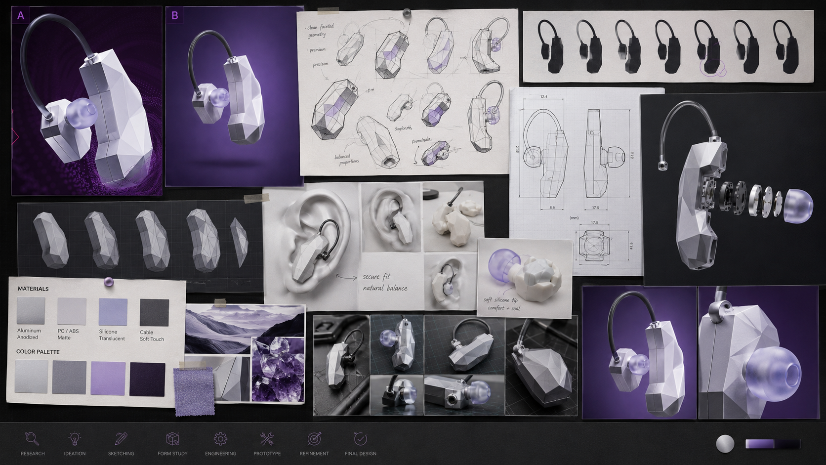 The Hearing Trade — design process board: sketches, form studies, materials and prototypes